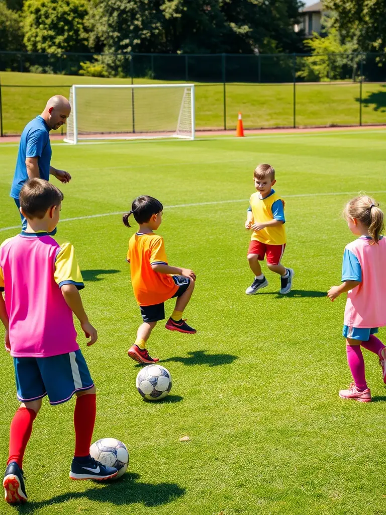A group of young football players in EMG ESPOIR MARITIME GRANDCOPAIS training session, focusing on dribbling skills, with a coach providing guidance.