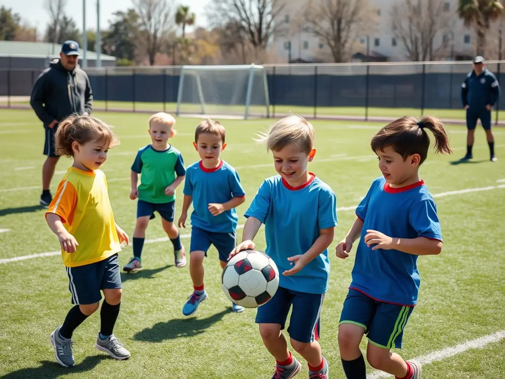 A vibrant image of children participating in a football training session, showcasing teamwork and fun.