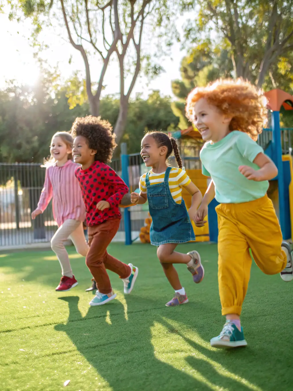 A group of diverse children laughing and playing football together in a park, emphasizing the joy and inclusivity of the sport.