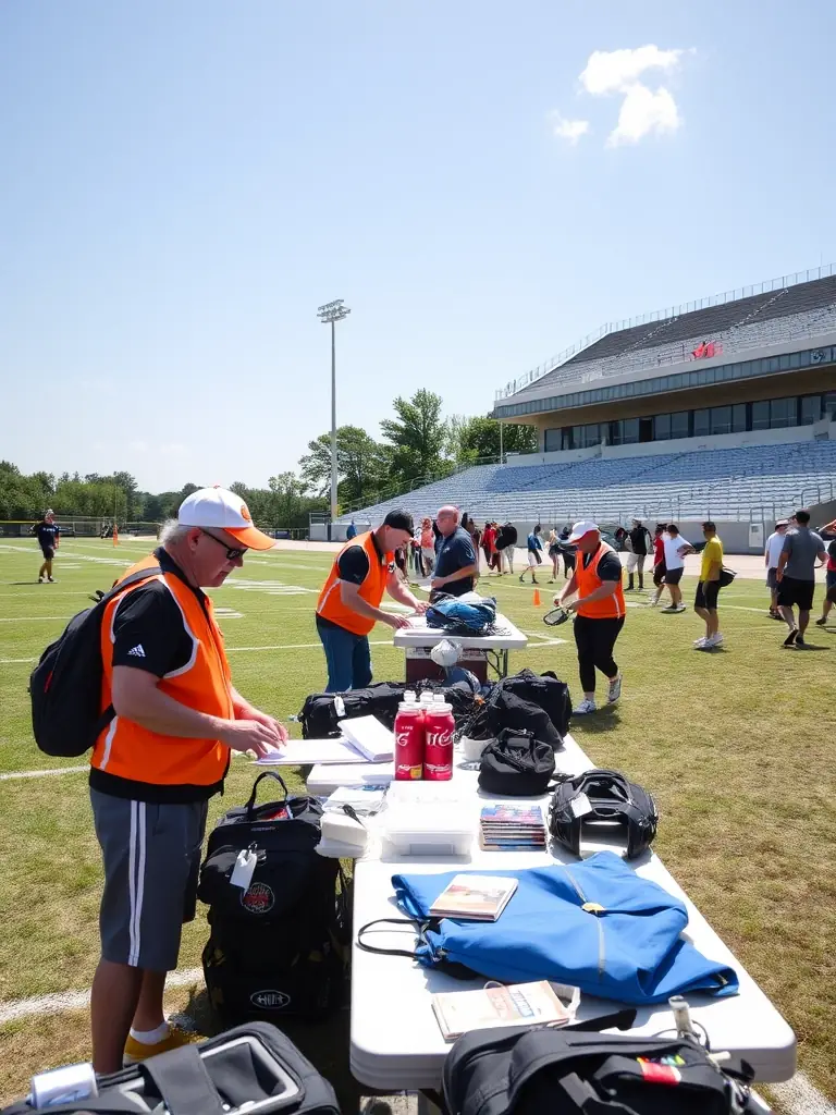 Volunteers from EMG ESPOIR MARITIME GRANDCOPAIS organizing a community football event, setting up equipment and interacting with participants.