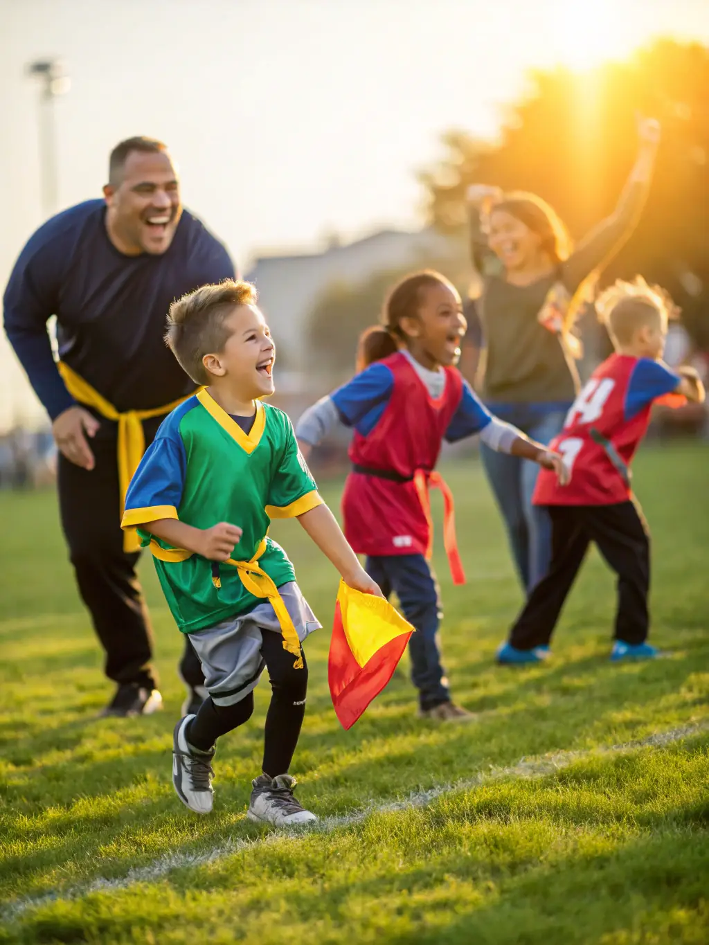 A community event with families cheering on their children playing football, emphasizing community engagement and support.