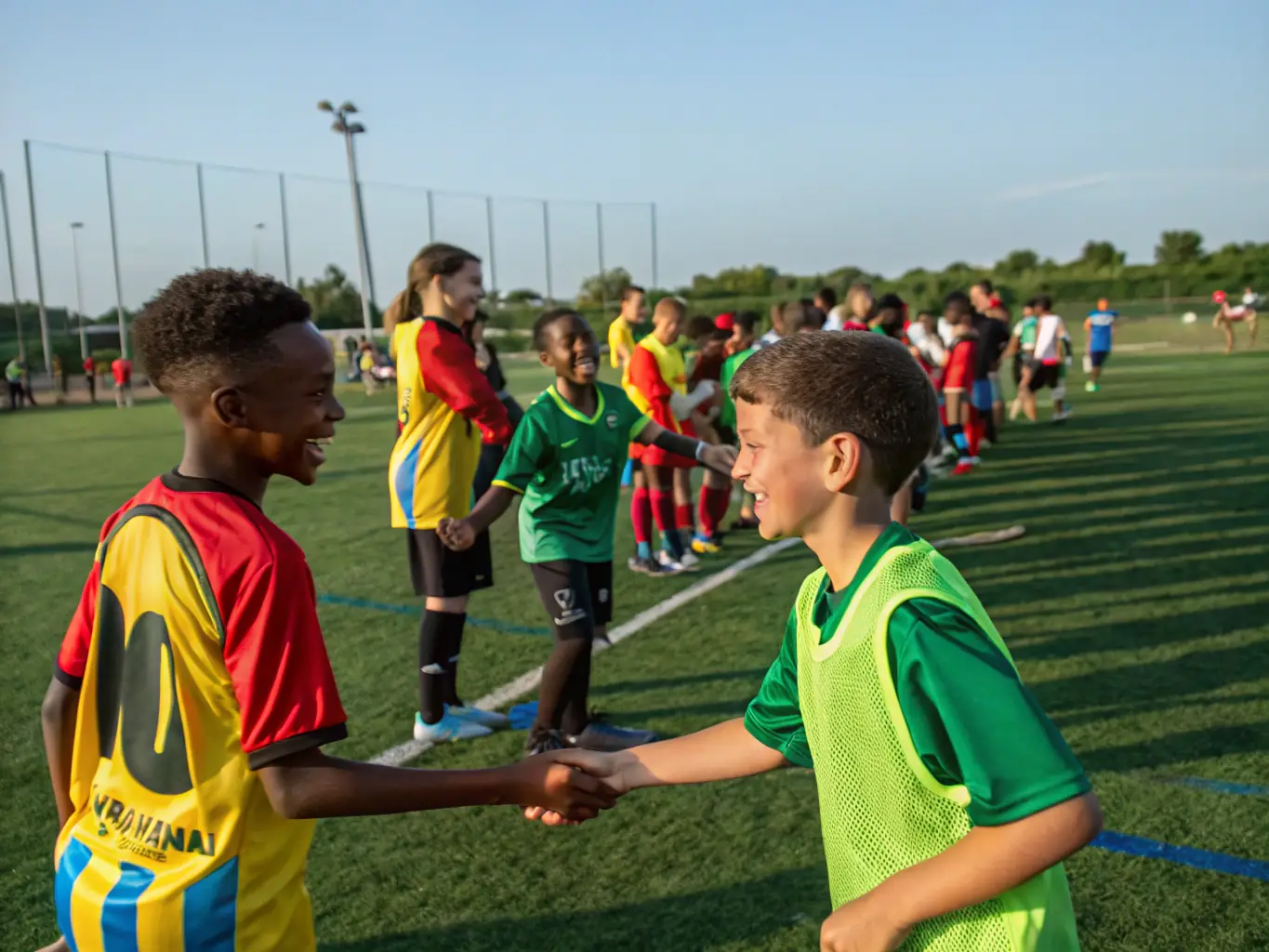 A group of children playing football on a sunny field, smiling and laughing.