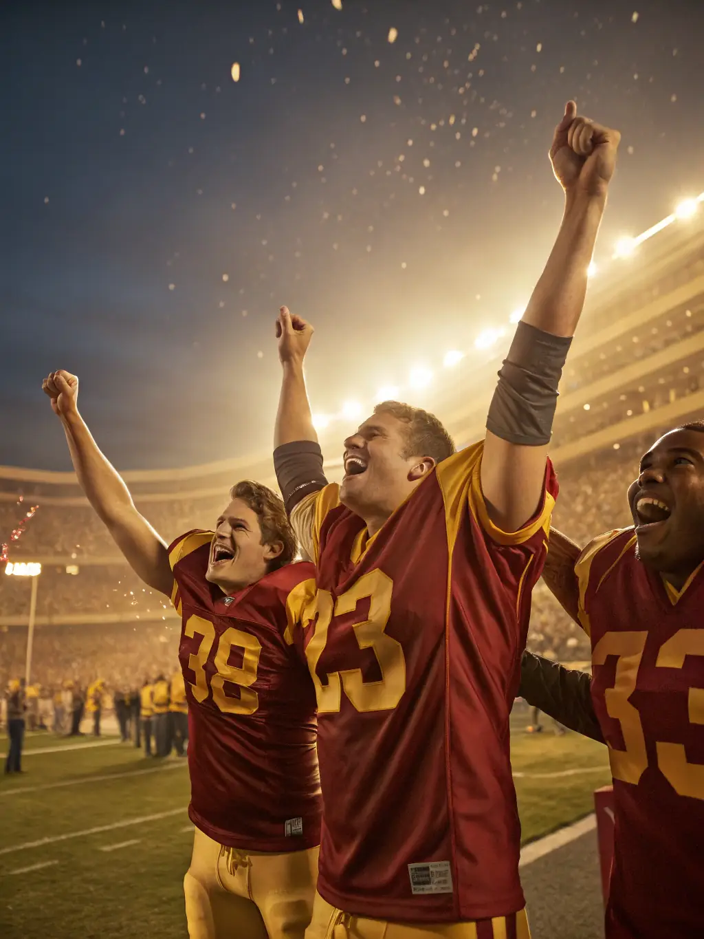 A team of young football players celebrating a goal, showcasing teamwork and achievement.