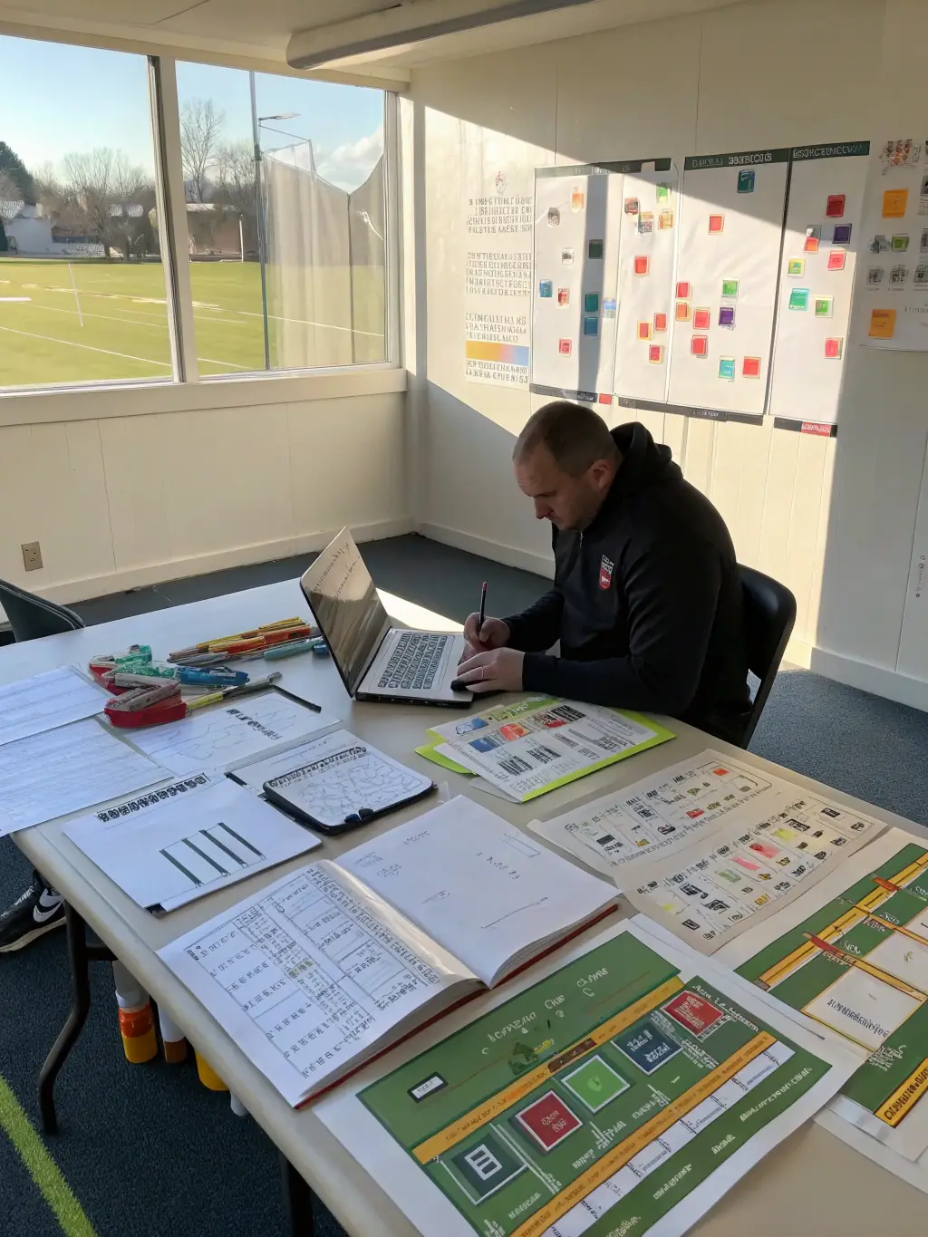 A classroom setting where EMG ESPOIR MARITIME GRANDCOPAIS members are participating in a football coaching workshop, learning about training techniques and strategies.