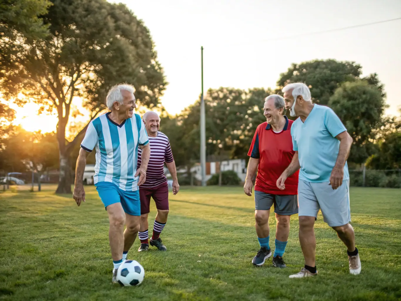 An inspiring image of adults playing in a friendly football match, showcasing the spirit of camaraderie and healthy competition, with spectators cheering from the sidelines.