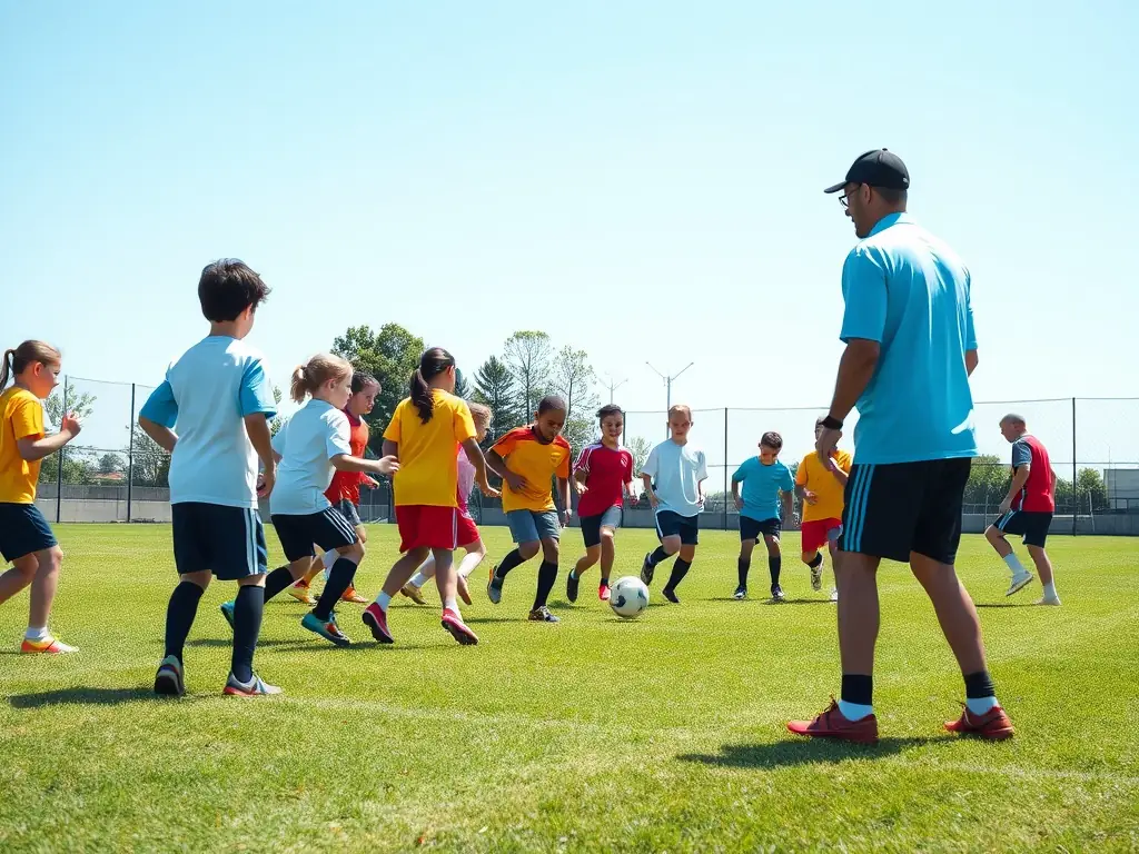 A dynamic image showing a diverse group of children participating in a football training session, with coaches providing guidance and encouragement, set against the backdrop of a local park.