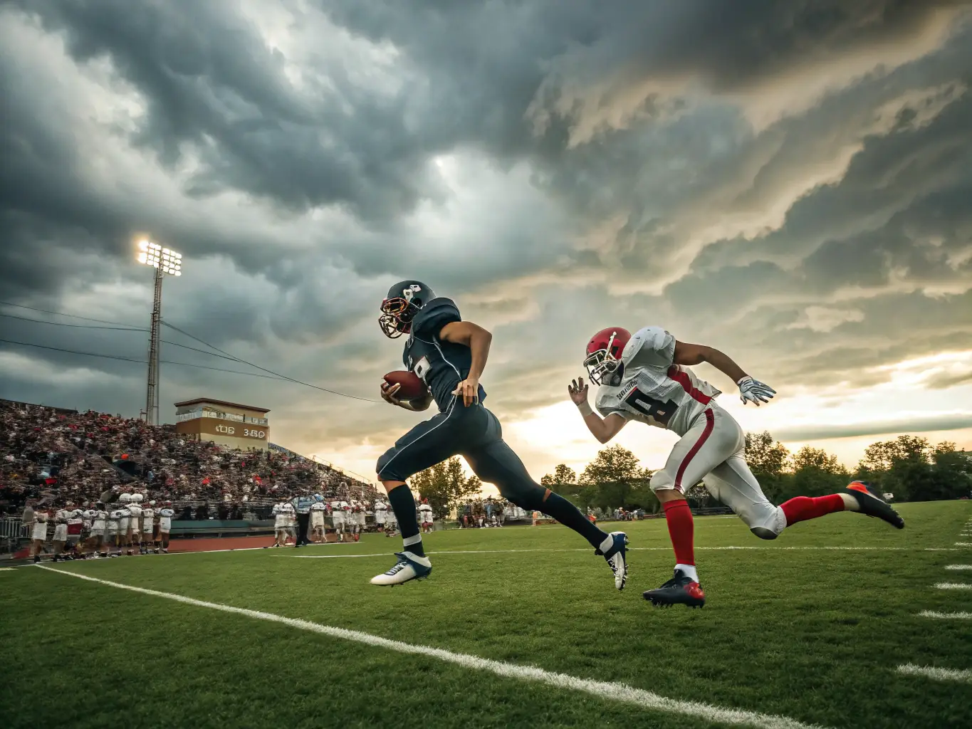 A photo of adults playing in a friendly football match, emphasizing community involvement and active lifestyle.
