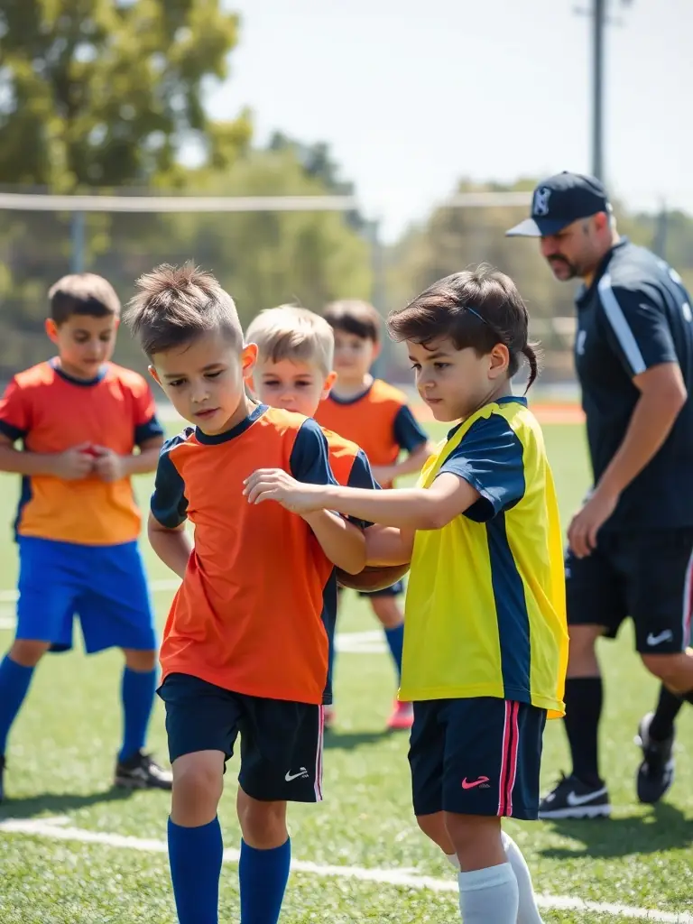 A vibrant image capturing children participating in a football training session, showcasing their enthusiasm and teamwork under the guidance of a coach at EMG ESPOIR MARITIME GRANDCOPAIS.