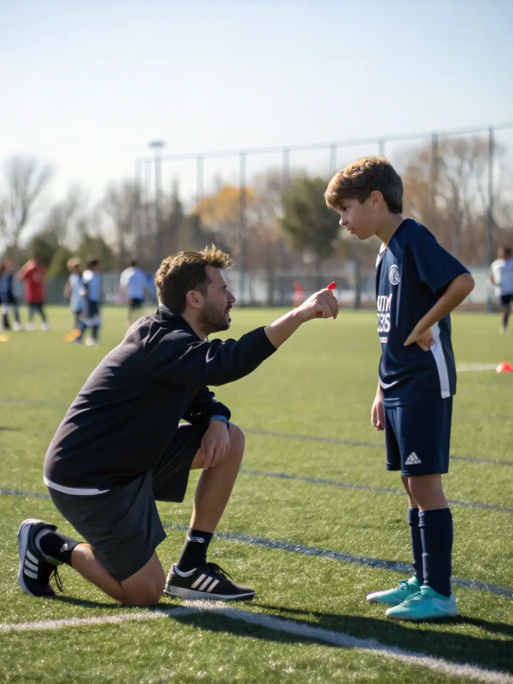 A photo of a dedicated coach mentoring young football players, emphasizing the importance of guidance and positive role models within EMG ESPOIR MARITIME GRANDCOPAIS.