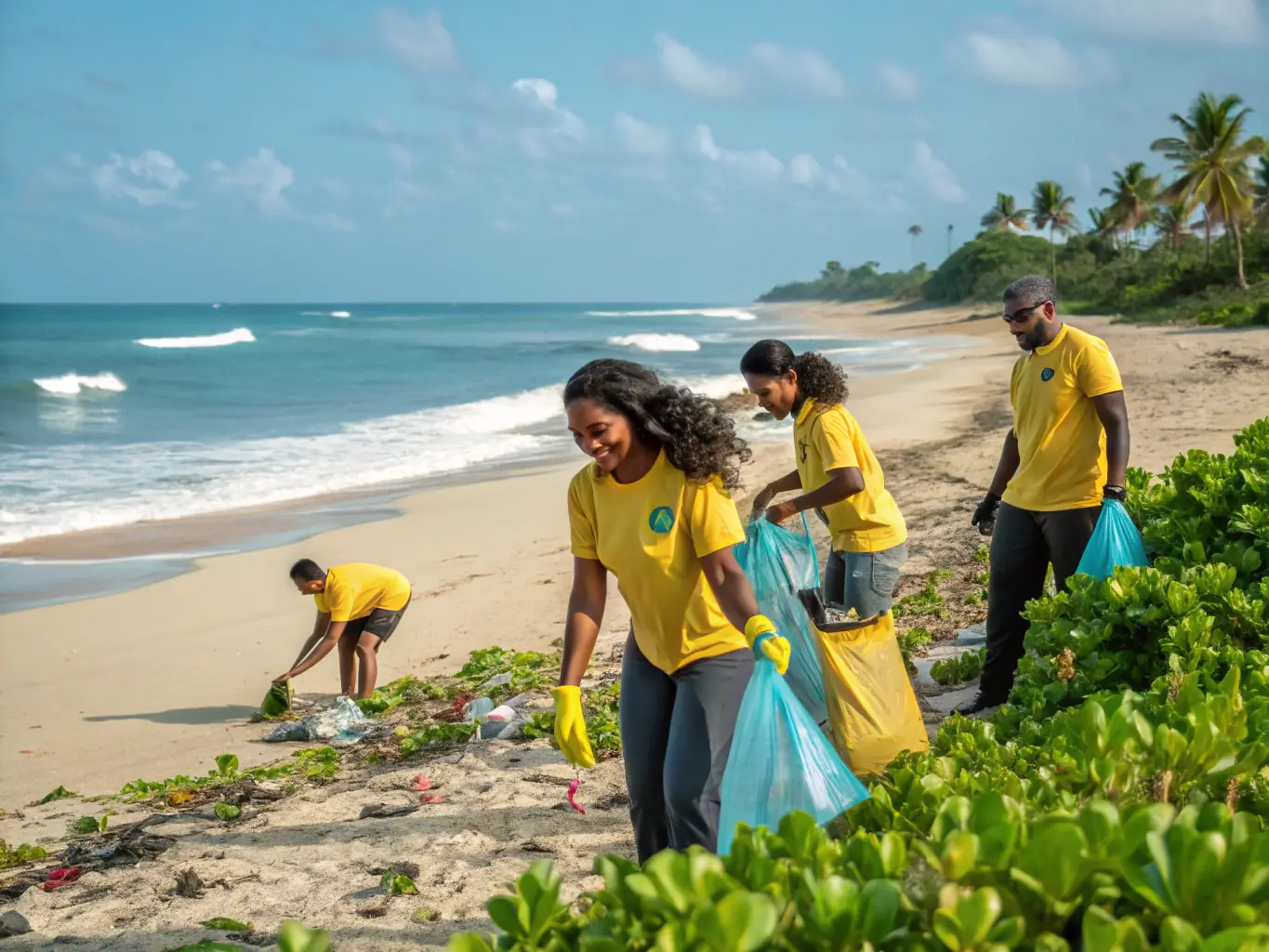 Volunteers helping to clean up a local beach, collecting trash and debris.